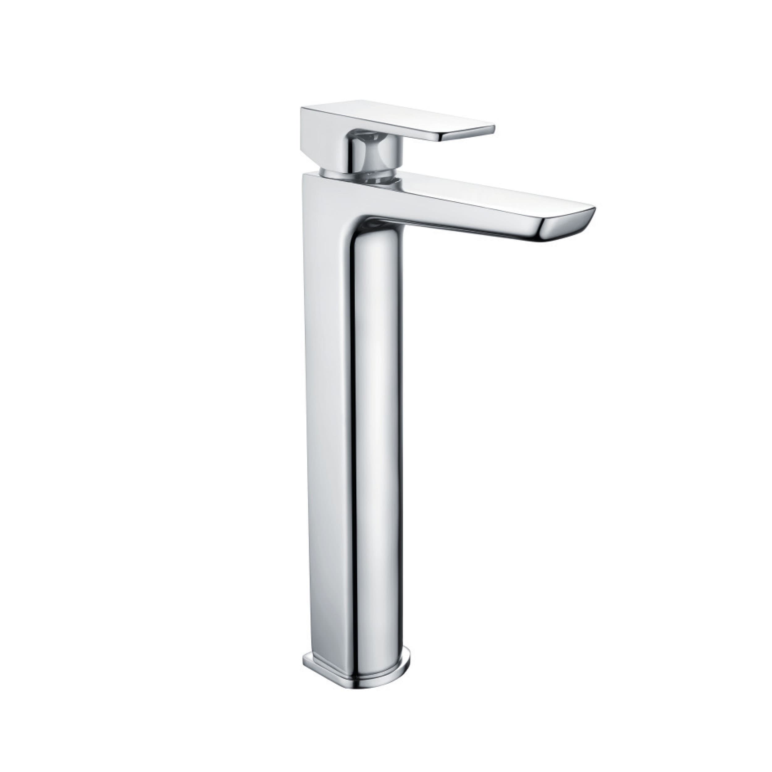 Tall chrome basin mixer with a flat spout and lever against a white background