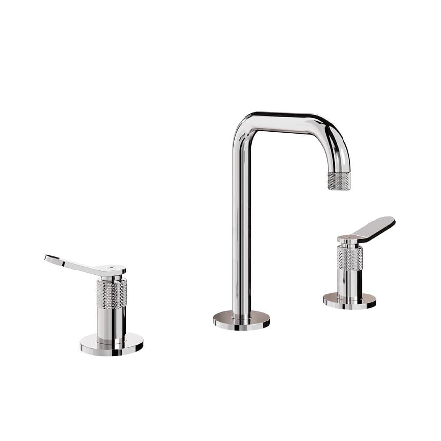Three-hole chrome basin tap set with separate lever handles and an arched spout