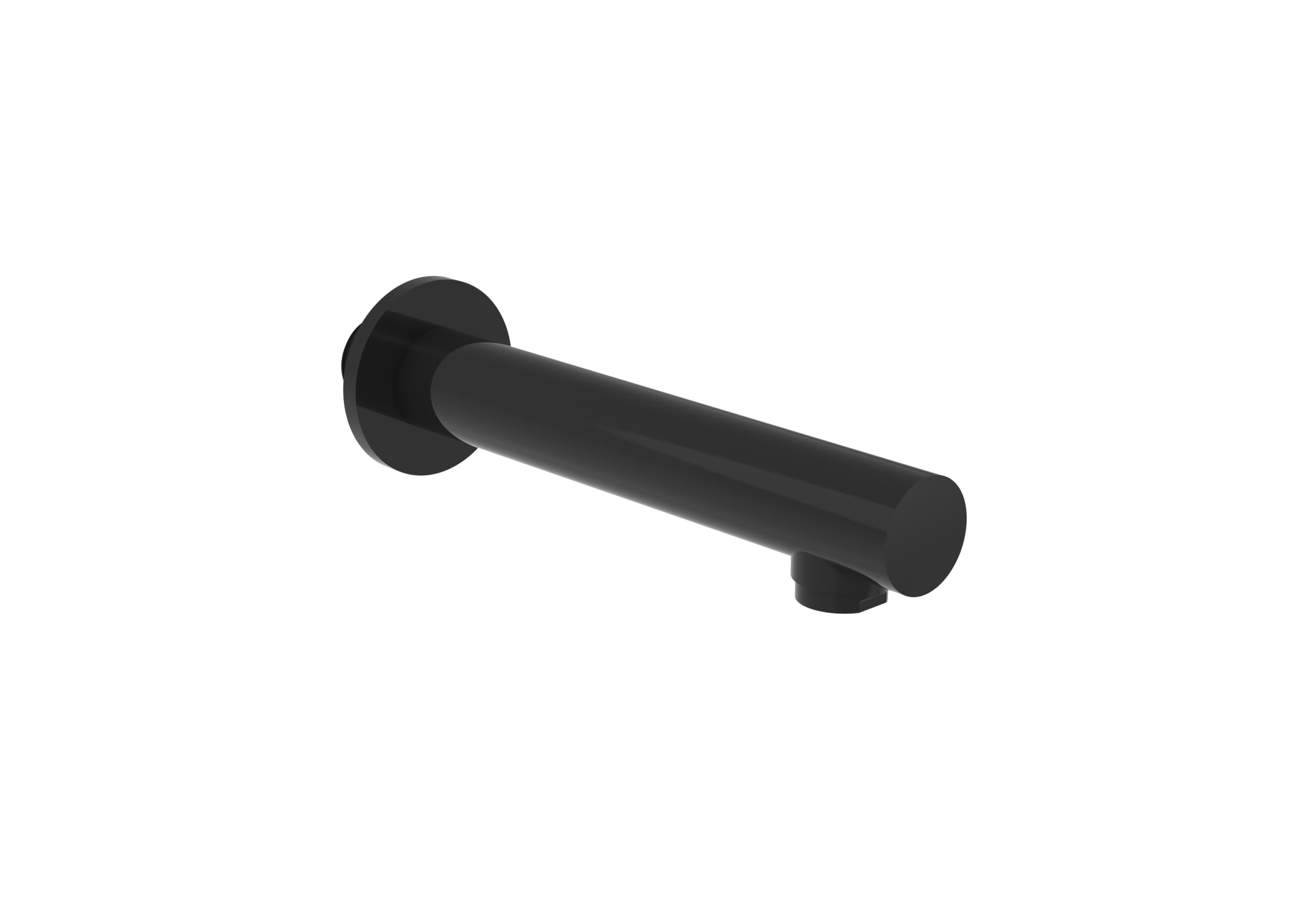 Black round wall-mounted bath spout against a white background