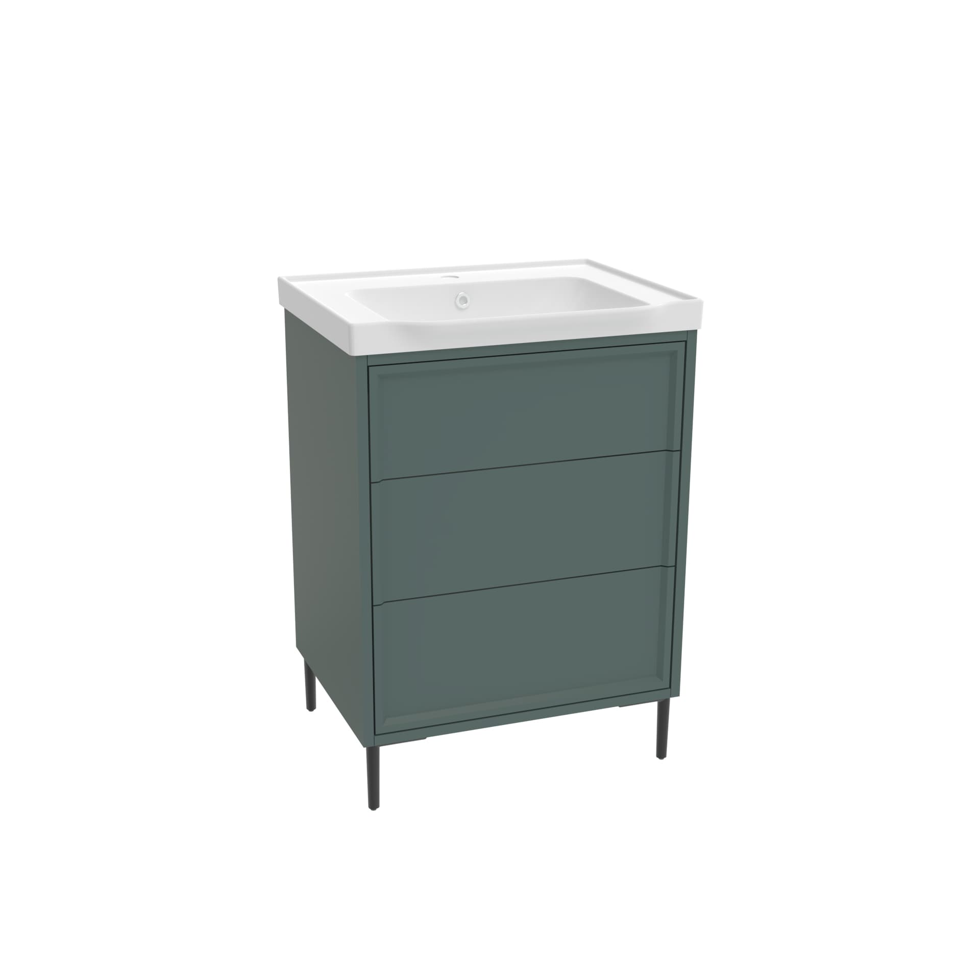Green freestanding two-drawer cabinet and white basin shown without fitted handles