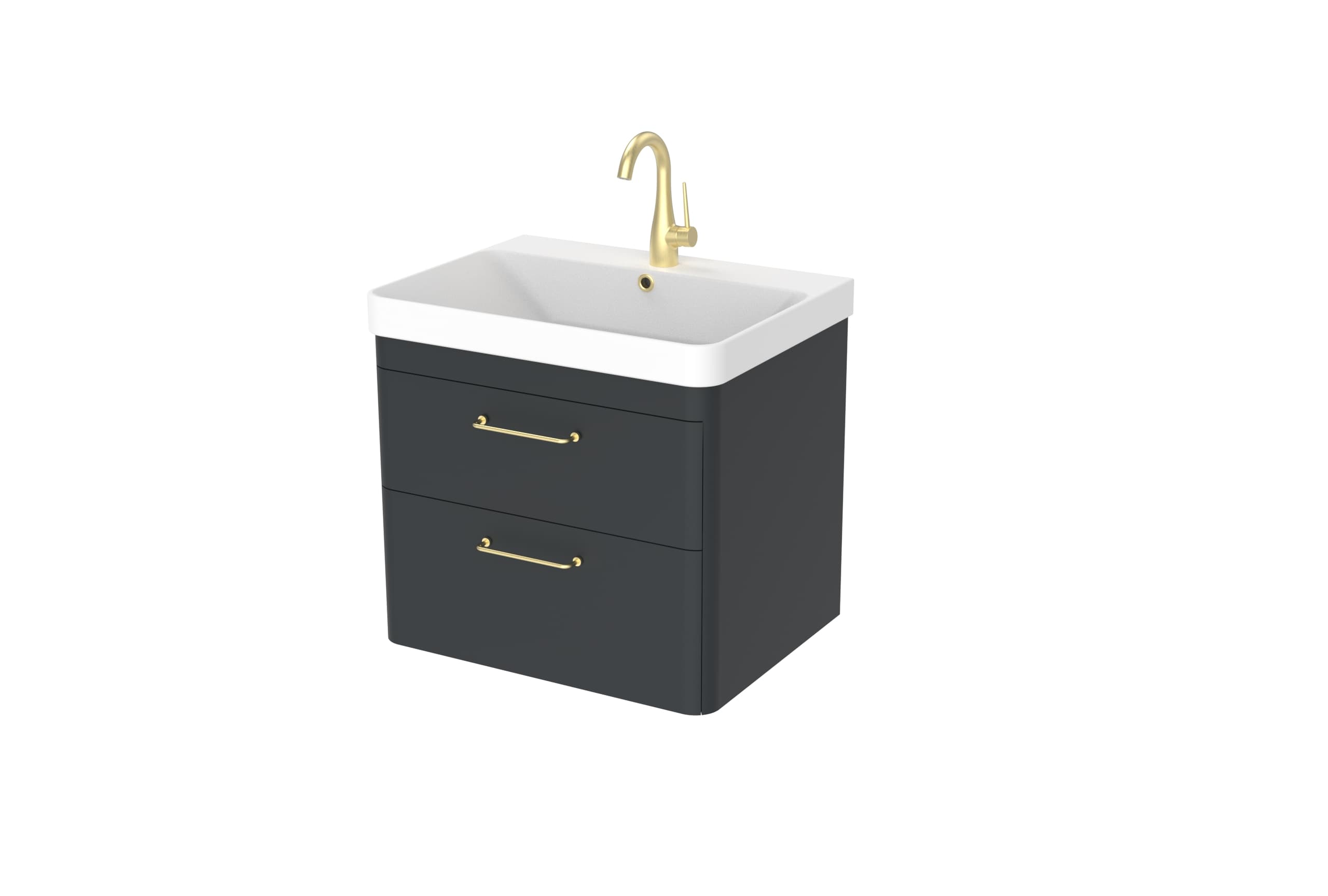 Dark two-drawer vanity with long gold-coloured handles and a white basin
