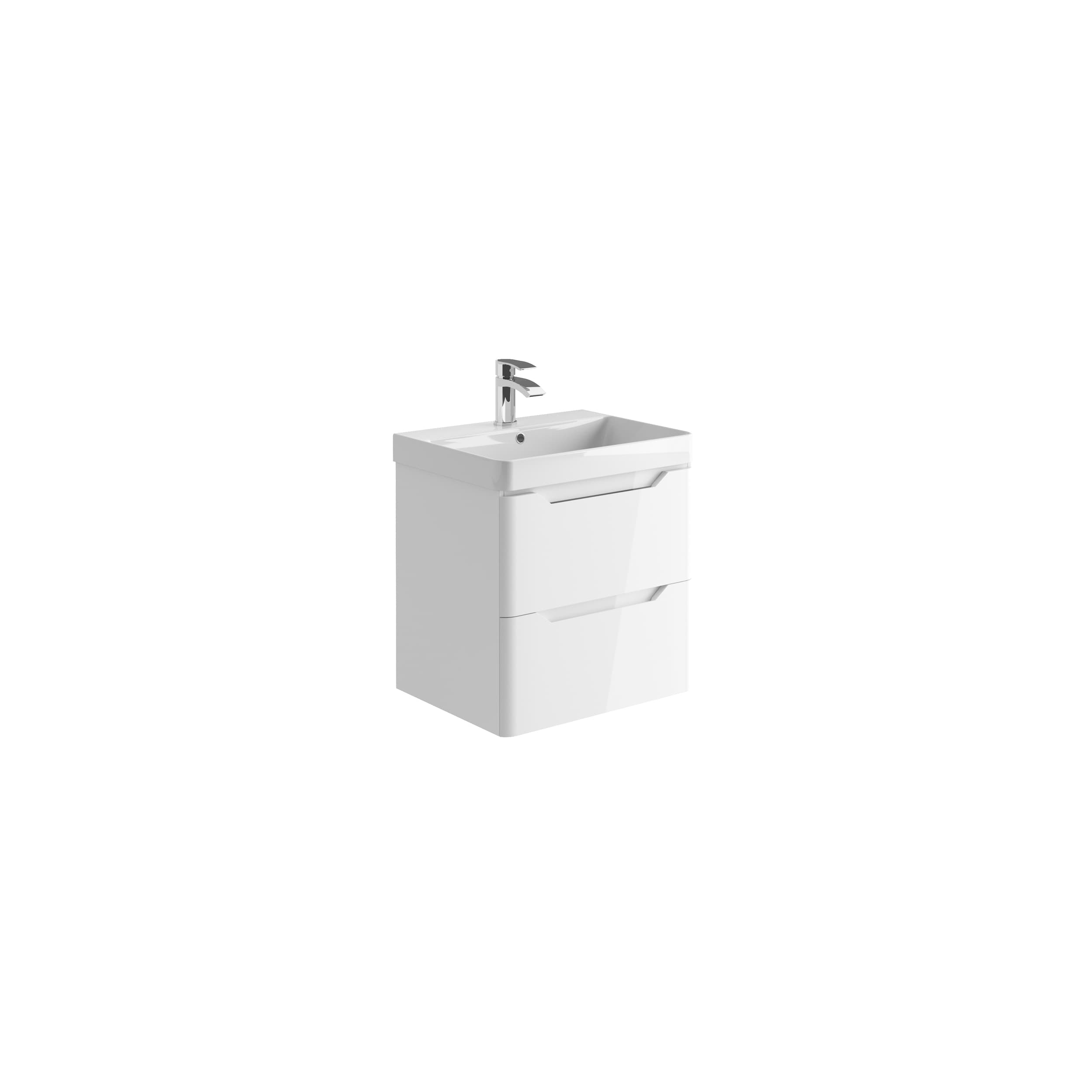 White wall-hung two-drawer vanity with integrated pull recesses and a chrome basin tap