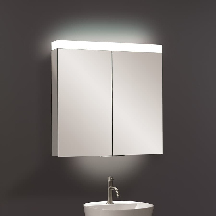 Illuminated mirror cabinet with a light bar above a basin and tap.