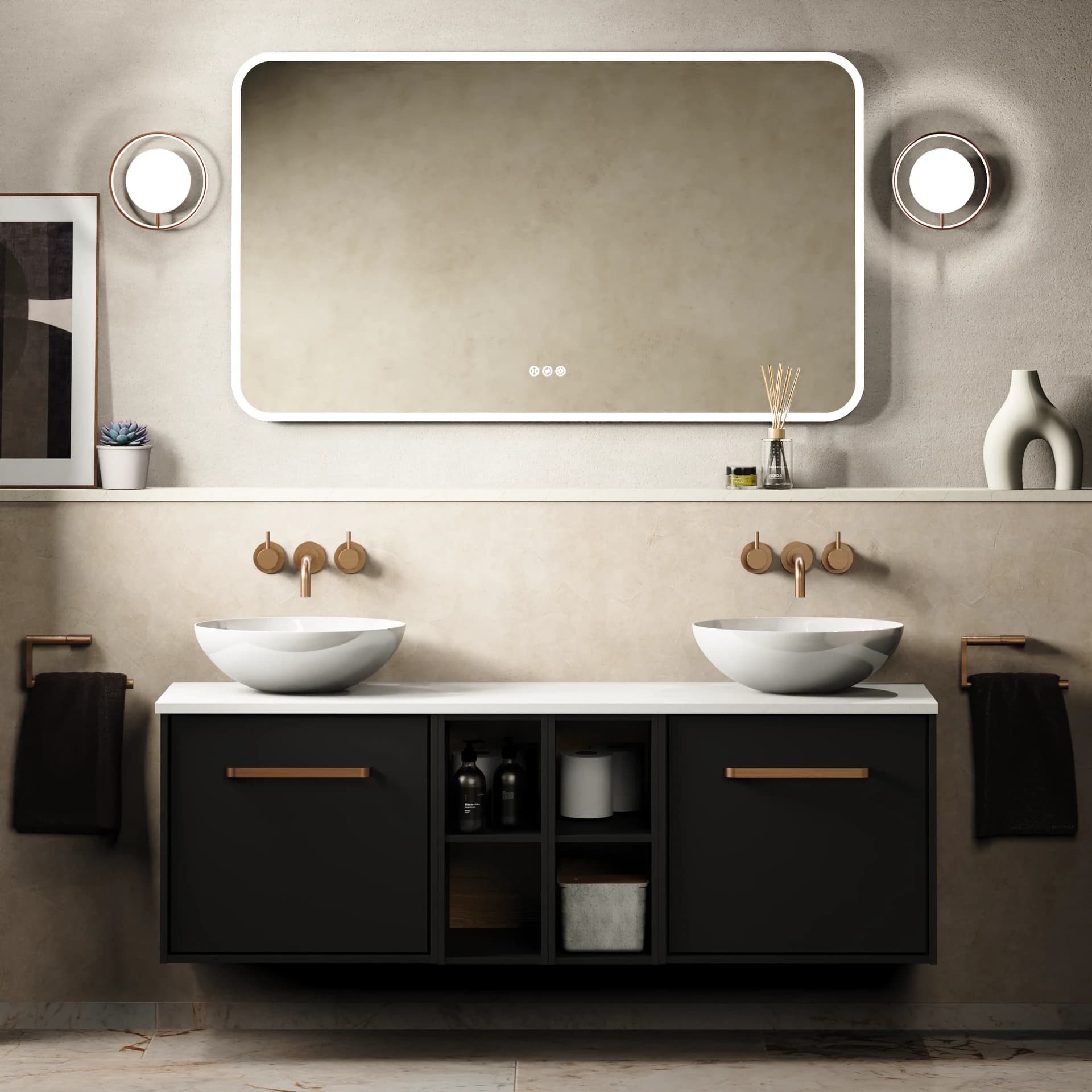 Two white vessel basins on a dark vanity beneath a wide illuminated mirror.