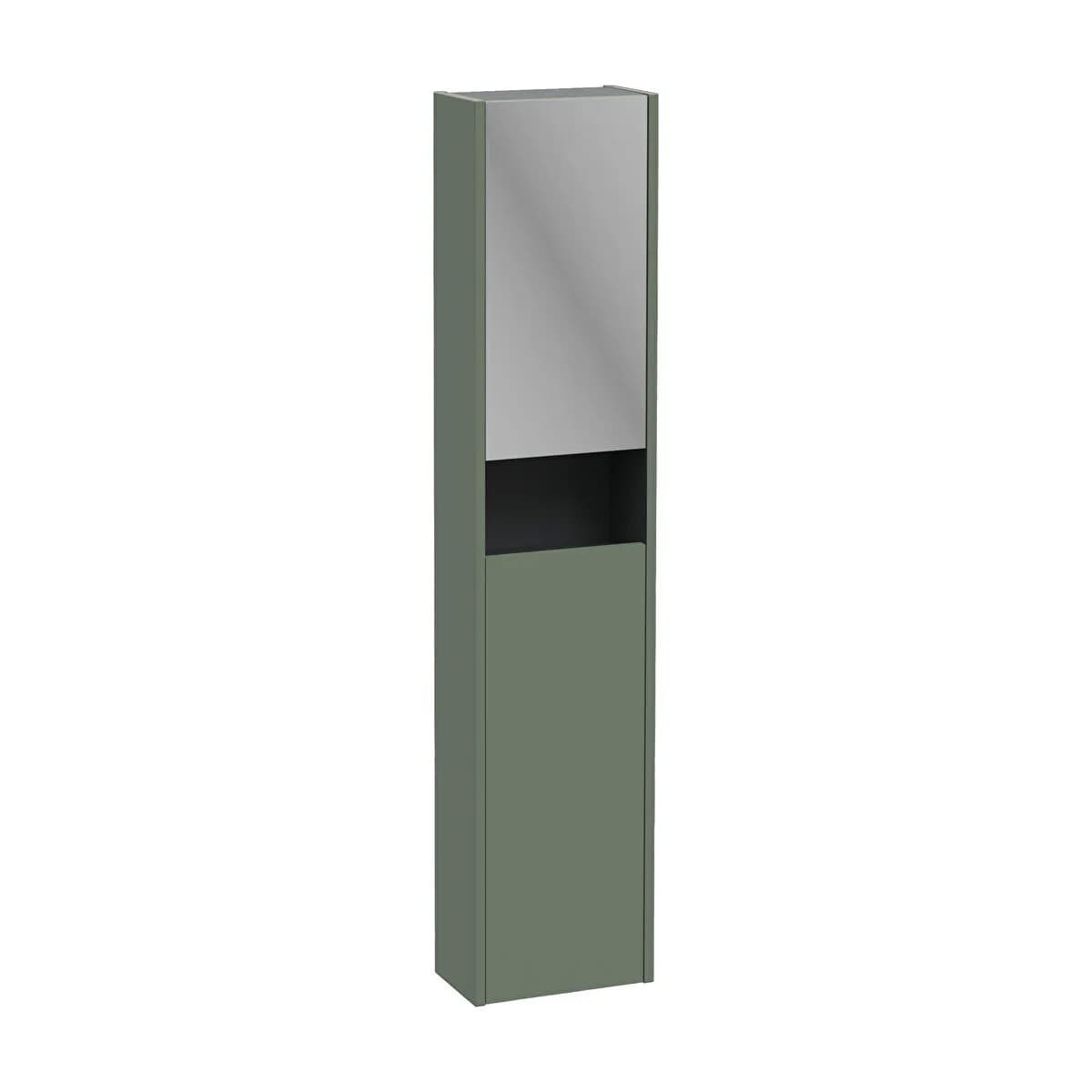 Green tall cabinet with a mirrored upper door and an open middle compartment