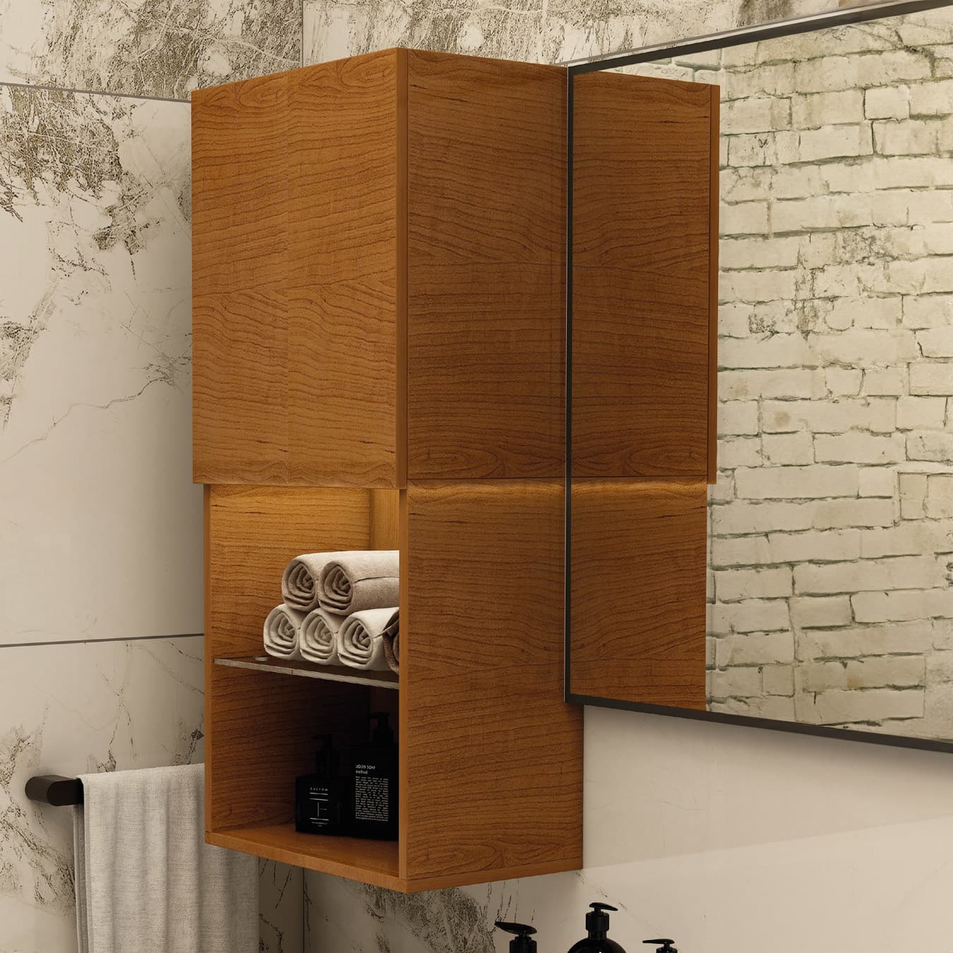 Woodgrain wall cabinet with a closed upper section and open shelves holding rolled towels