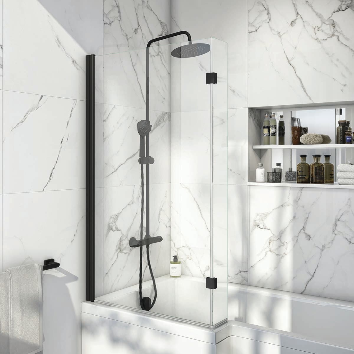 Black-edged bath screen above a white bath against marble-effect wall panels