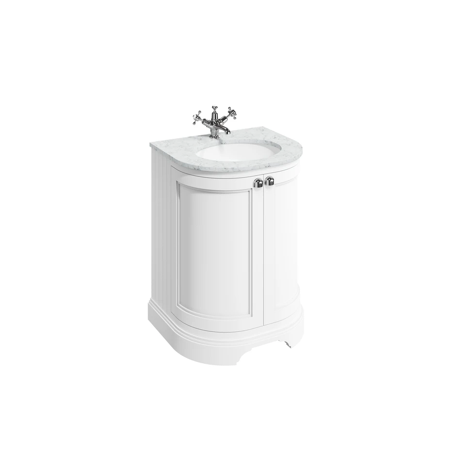 White curved floor-standing vanity with two doors and an inset basin.