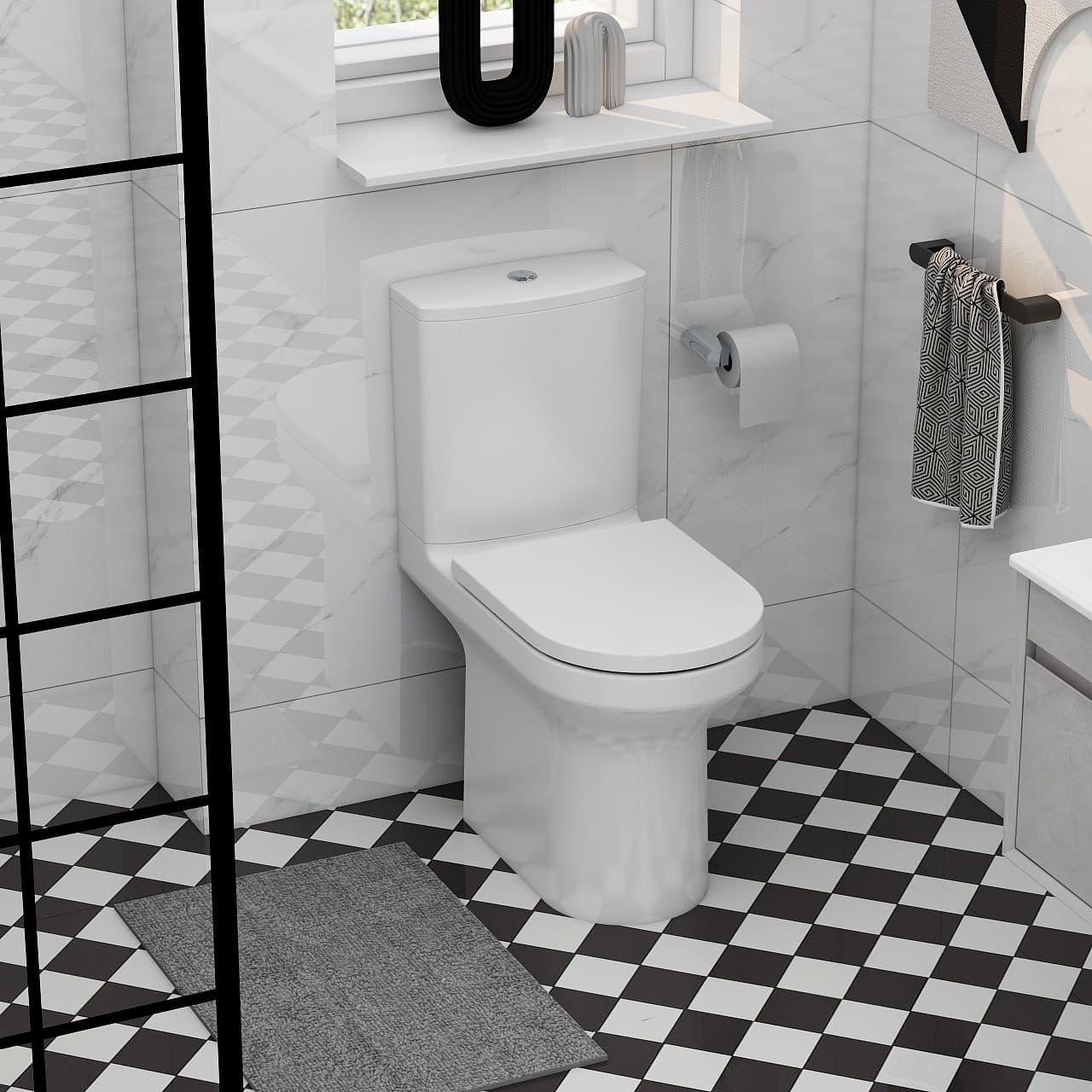 White comfort-height toilet beside a black-framed shower screen and chequered floor