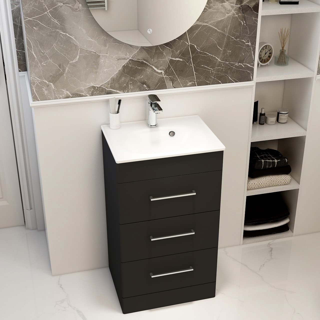 Black three-drawer vanity with a white basin, round mirror and open shelving.