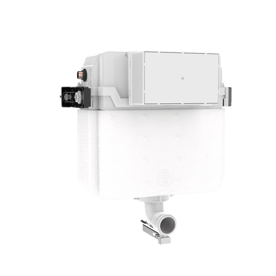 White concealed cistern with a rectangular service cover and lower flush outlet