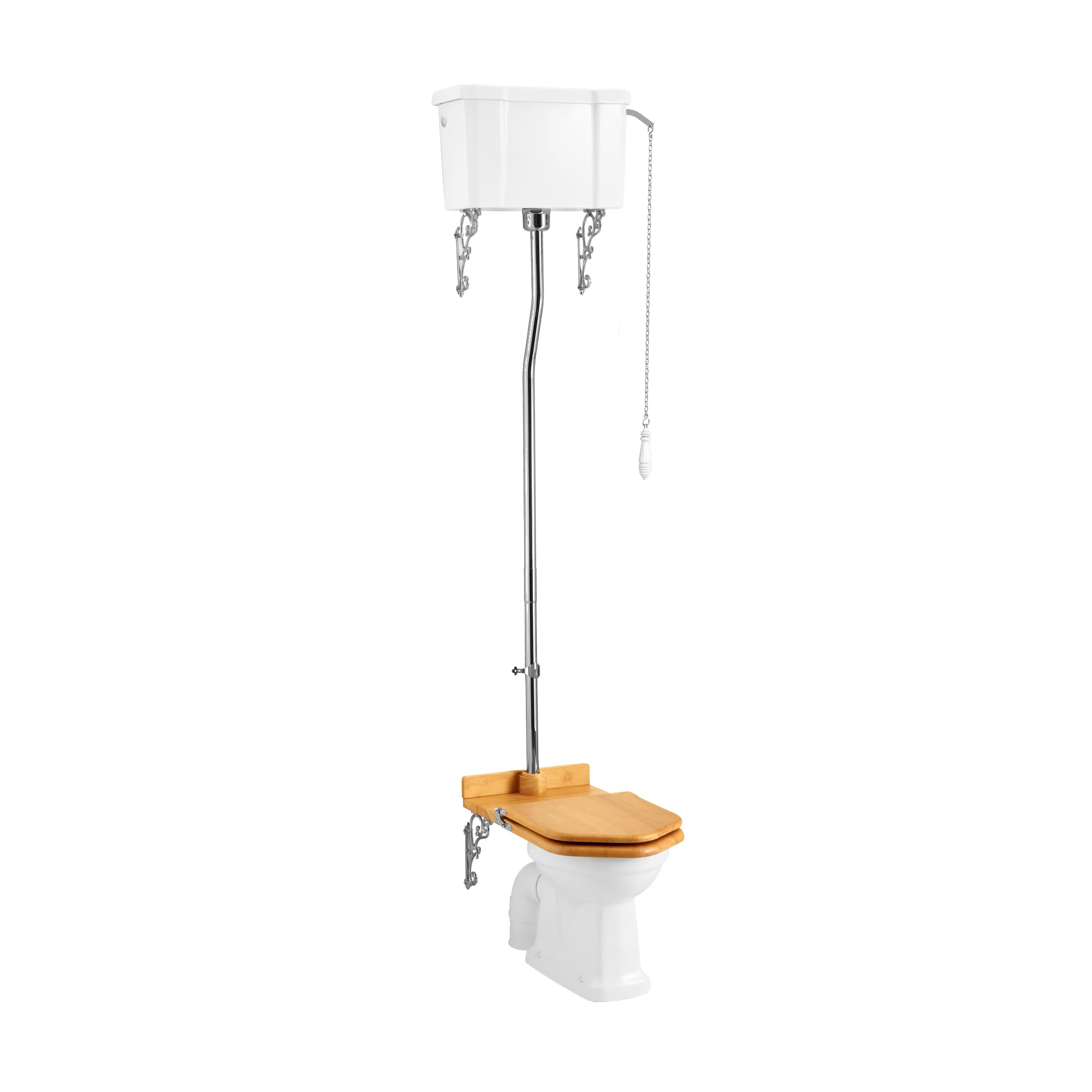 High-level white cistern with a long exposed flush pipe, pull chain and wooden toilet seat
