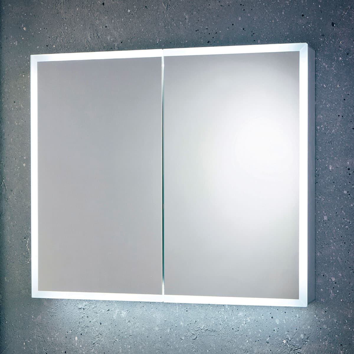 Two-door mirror cabinet with illuminated borders against a grey wall