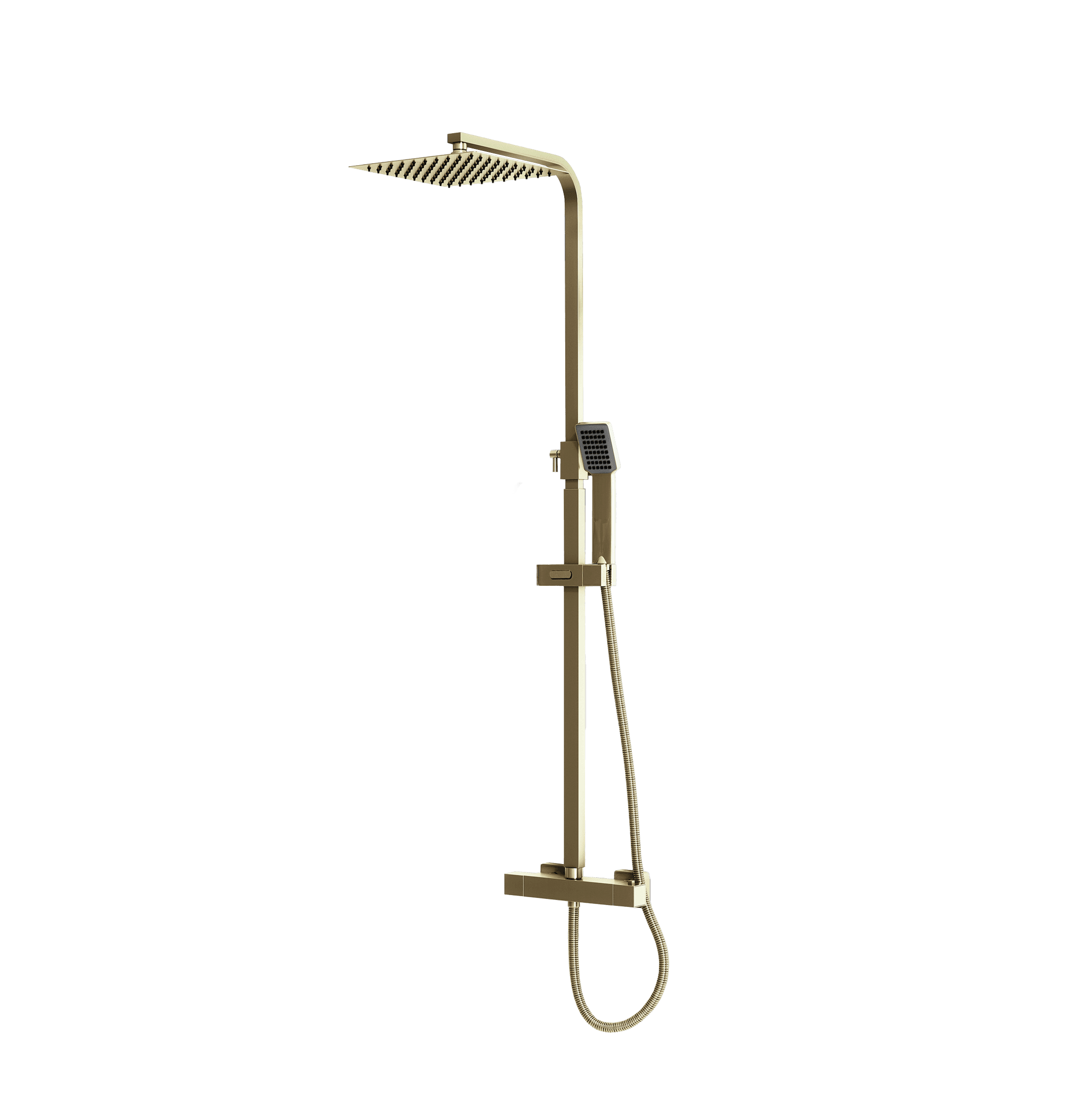 Brass-coloured rigid shower riser with square overhead head and handset