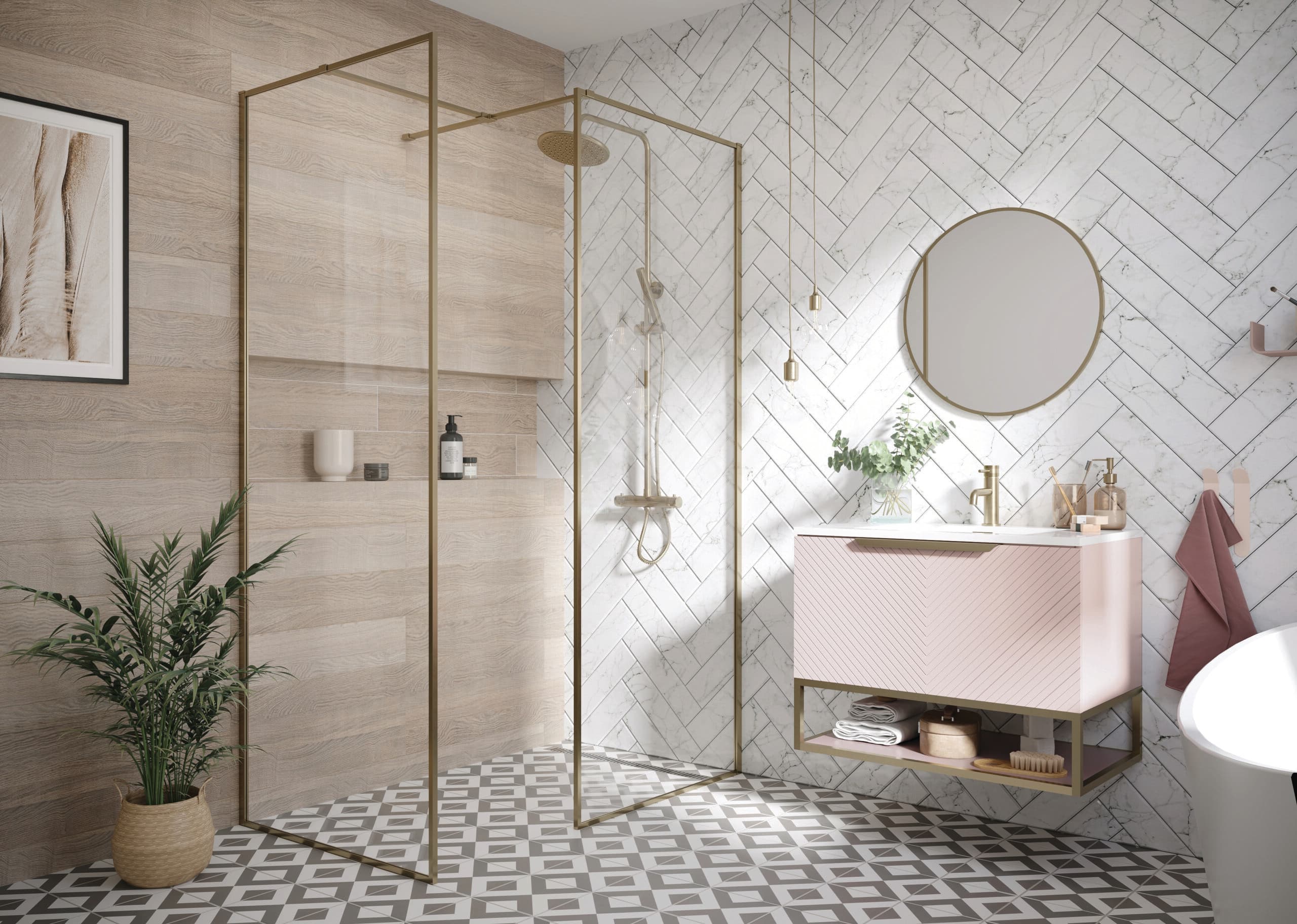 Brass-coloured shower frame with timber wall panels and a pink vanity nearby