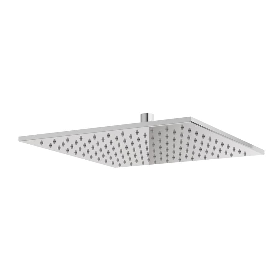 Square chrome overhead shower head with rows of nozzles against a white background
