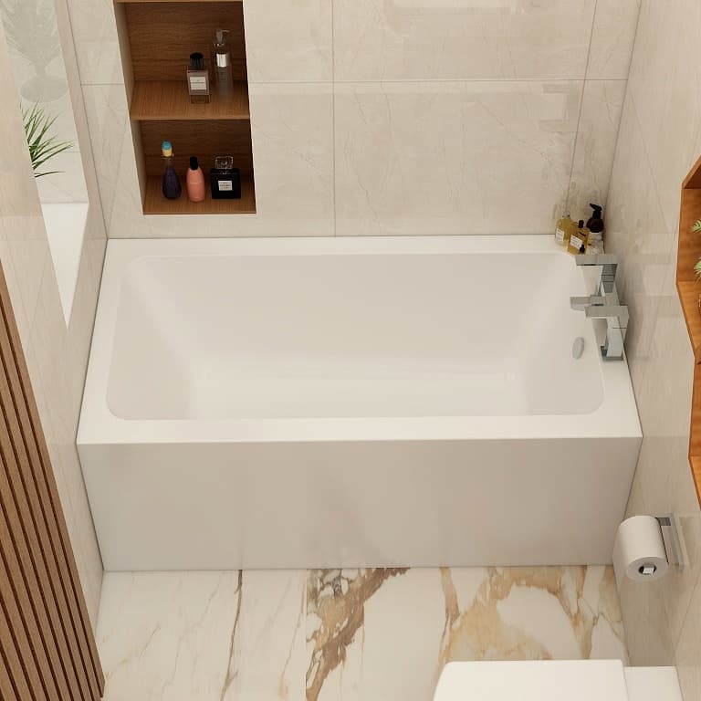 Overhead view of a white rectangular bath fitted between tiled walls.