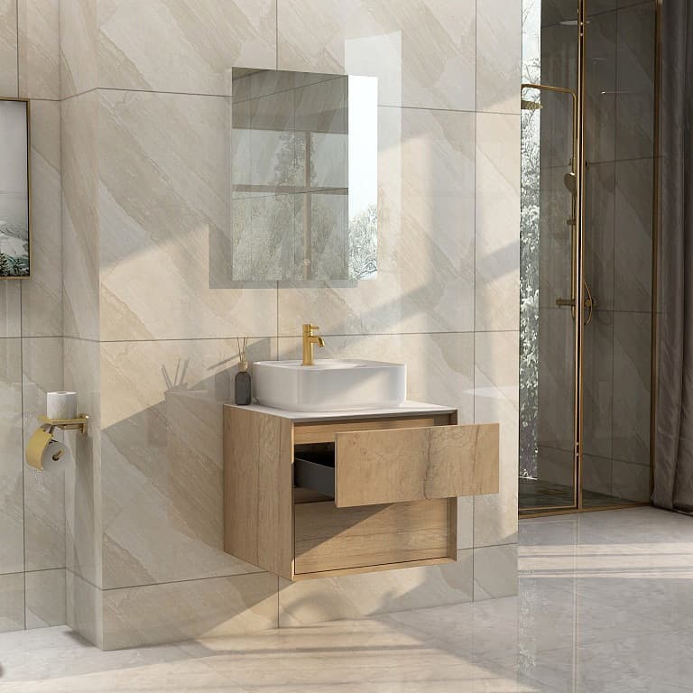 Woodgrain wall-mounted vanity with an open top drawer and a white countertop basin