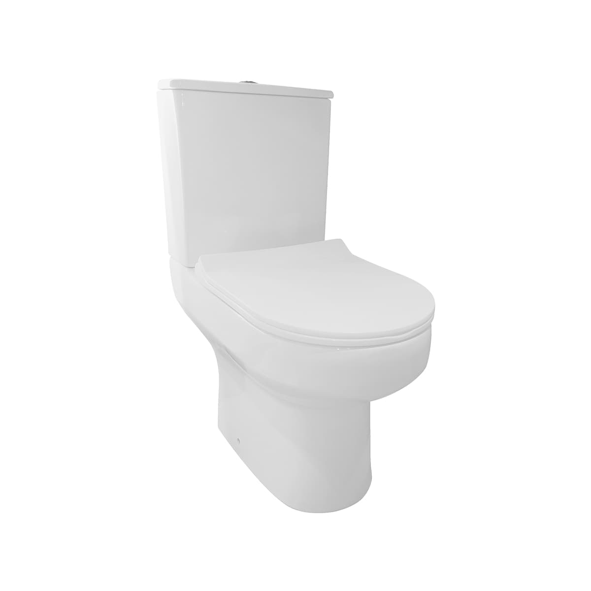 White close-coupled toilet with a rounded pan and slim closed seat