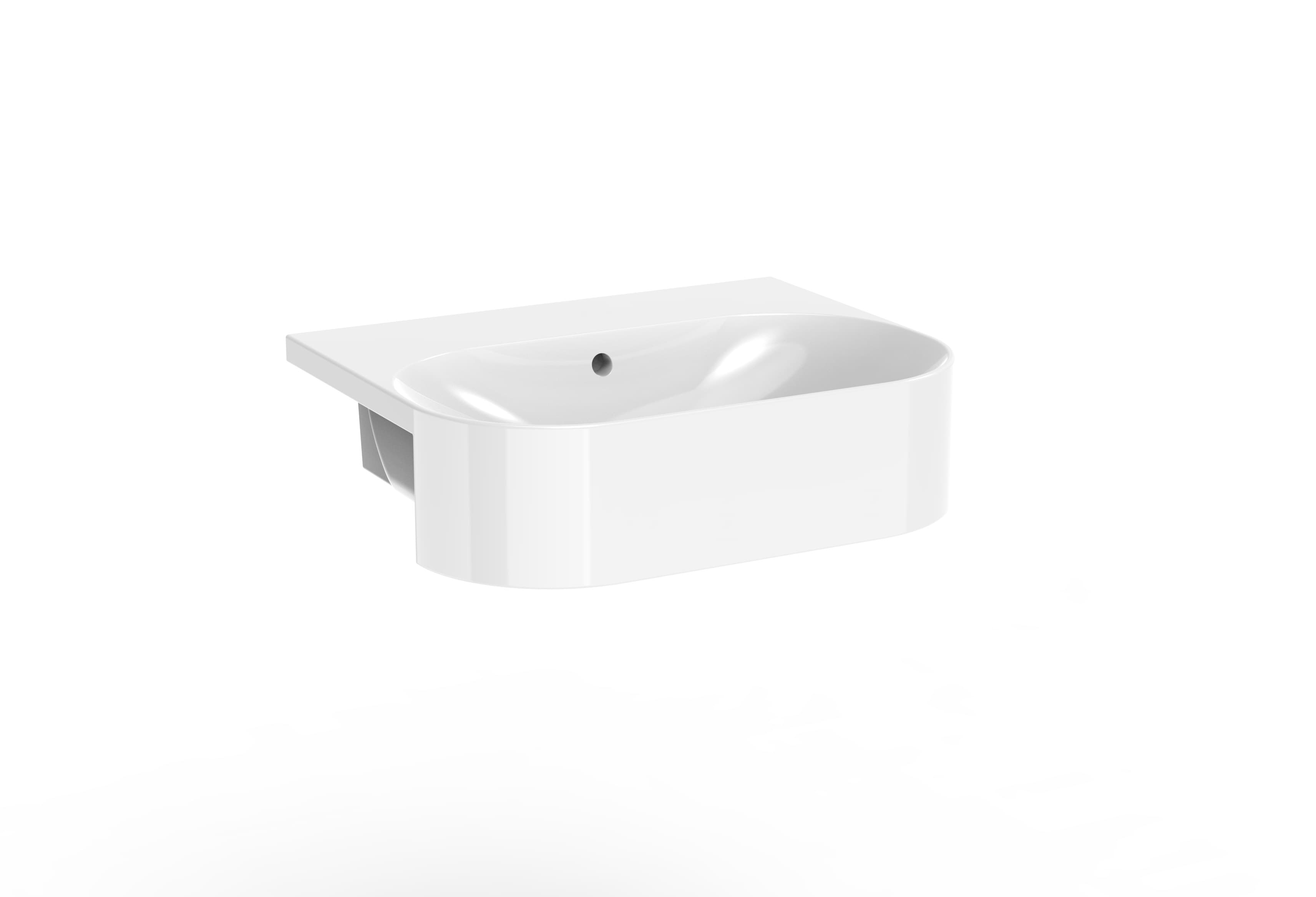 White semi-recessed basin with a curved projecting front and an undrilled rear ledge