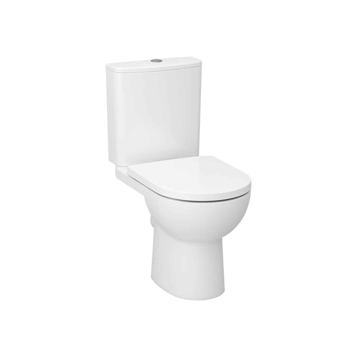 Compact white close-coupled toilet with a curved cistern front and slim seat