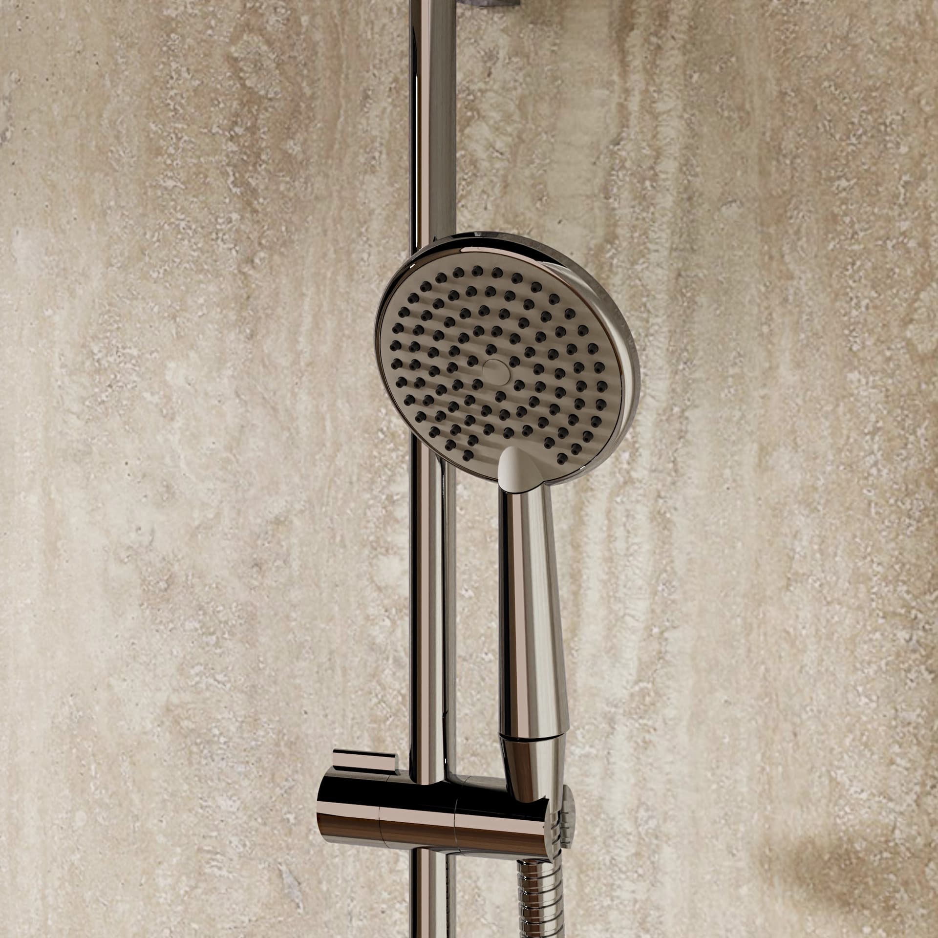 Round chrome handset in its holder on a rail against a textured beige wall