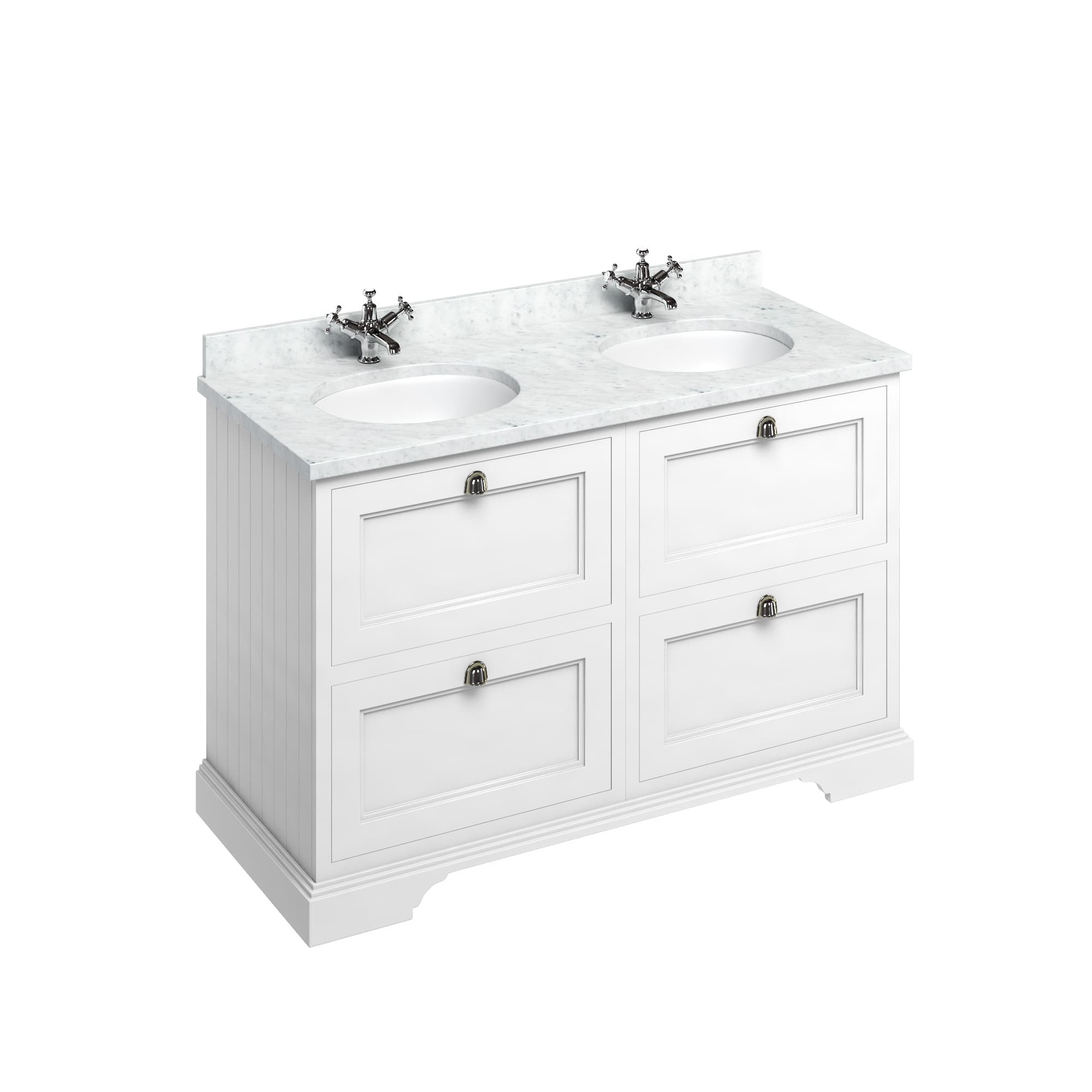 White freestanding vanity with two inset basins and a marble-pattern worktop