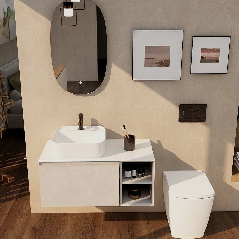 Wall-mounted vanity with open shelving next to a toilet beneath framed wall pictures.