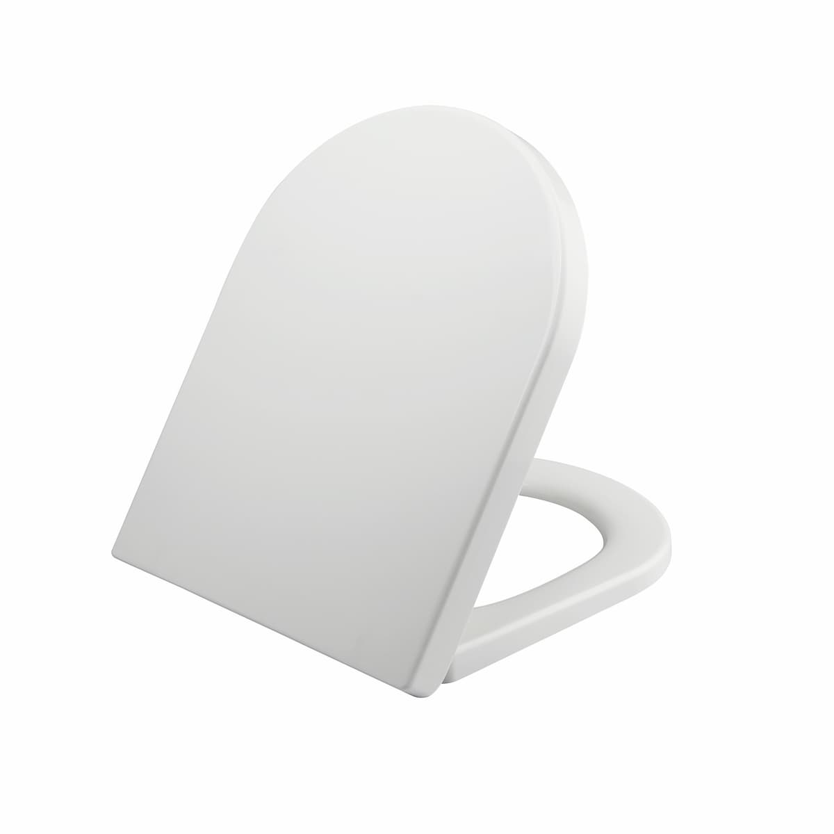 White D-shaped toilet seat with its lid partly raised