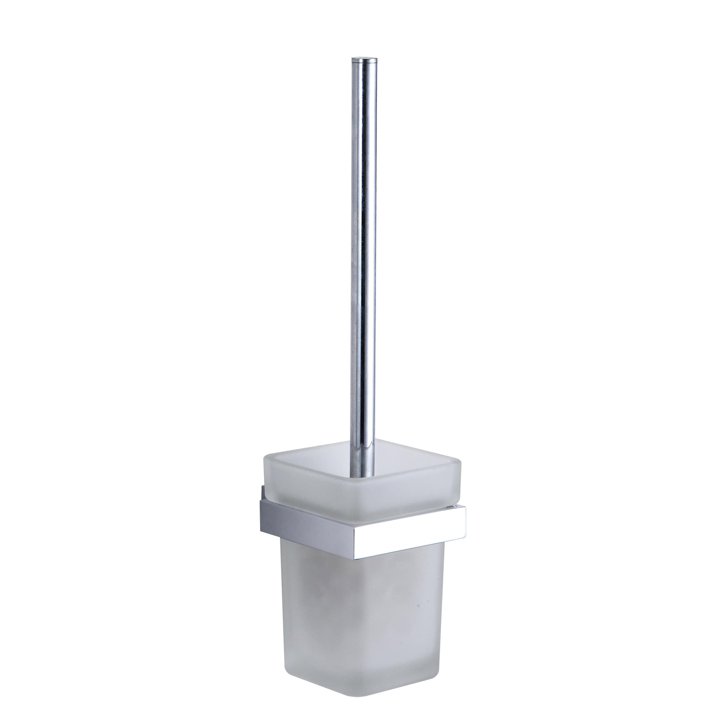 Toilet brush holder with a frosted square cup, chrome wall bracket and long handle