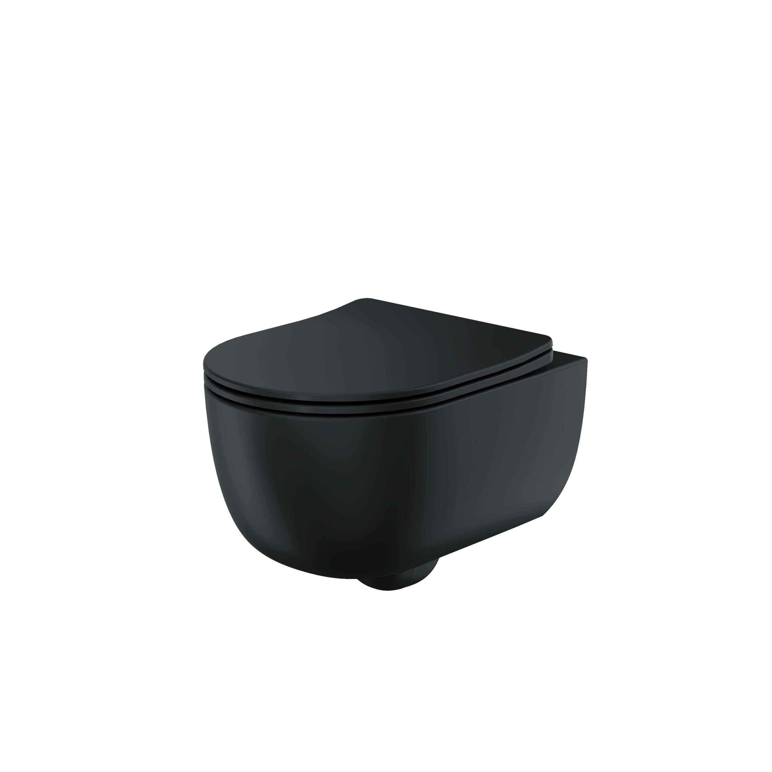 Black wall-hung toilet with a matching slim seat on a plain background
