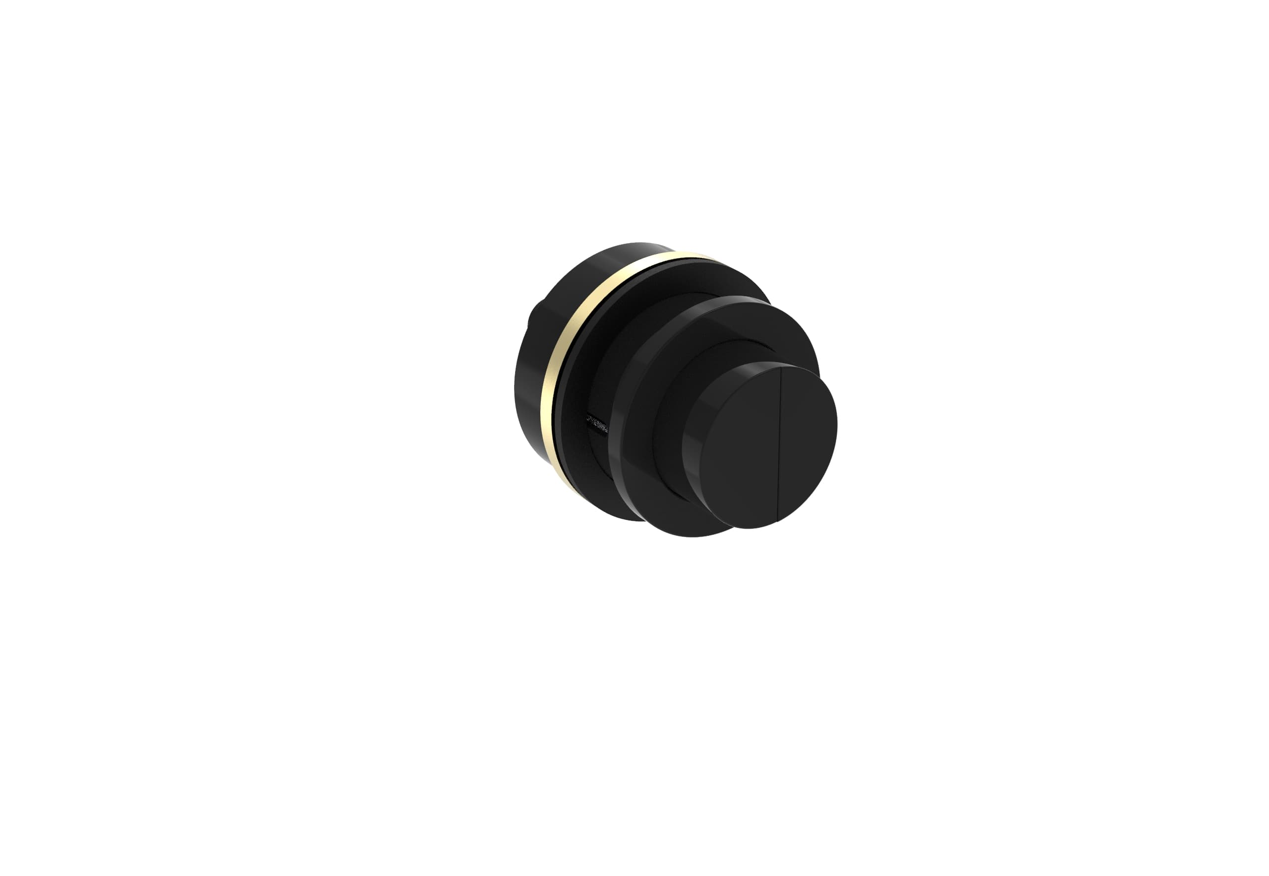 Black round dual flush button shown from the side with its mounting body