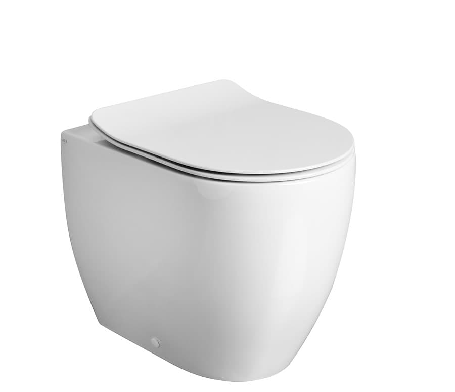White rounded back-to-wall toilet pan with a slim closed seat