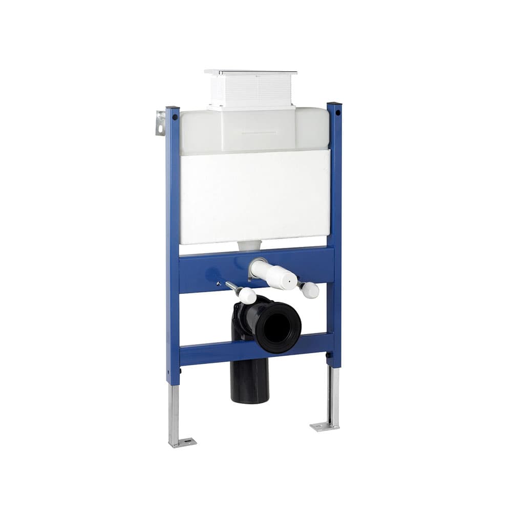 Blue reduced-height toilet frame with cistern, top control and lower outlet bend