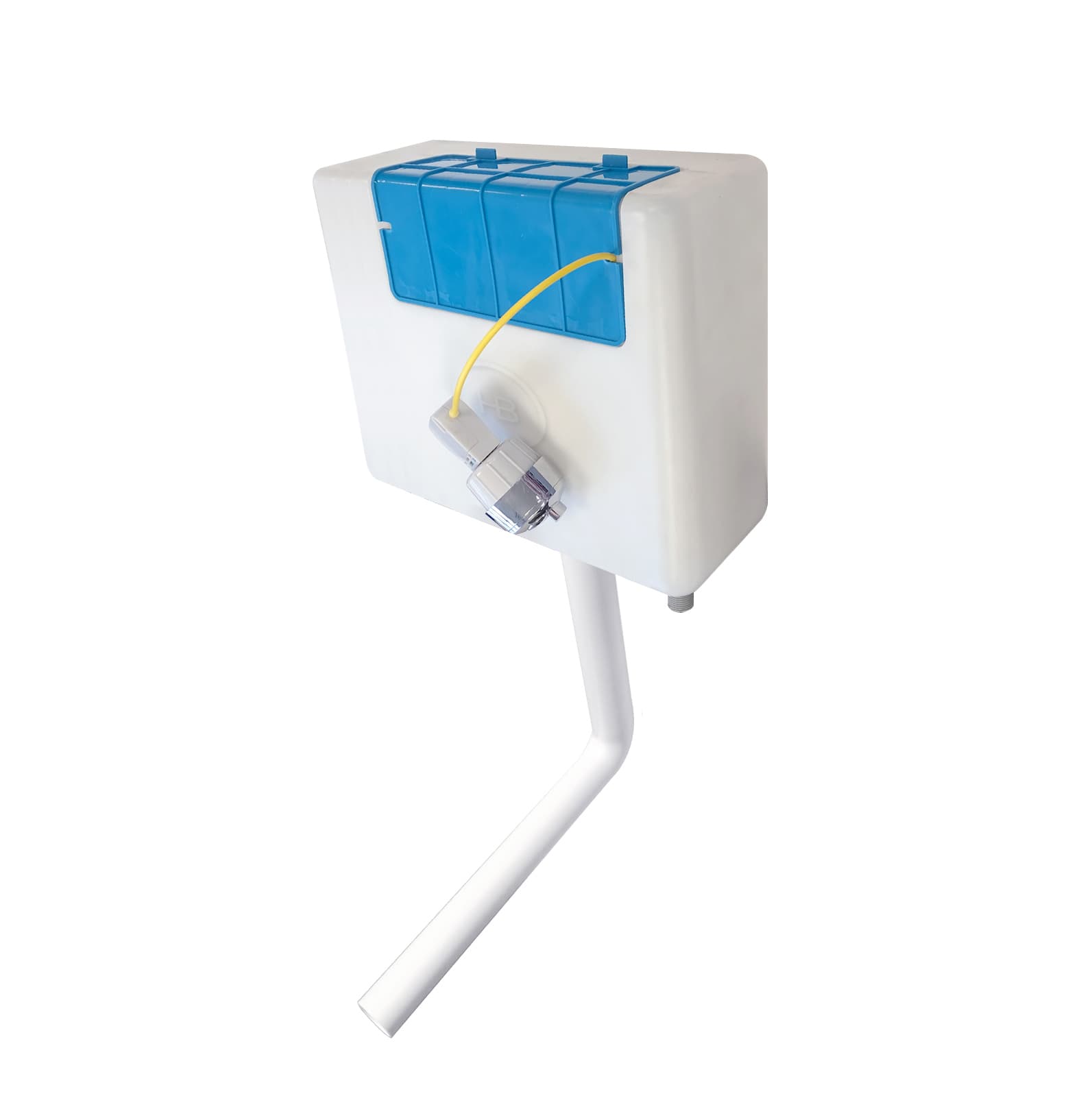 White concealed cistern with a blue access cover and a separate linked chrome button