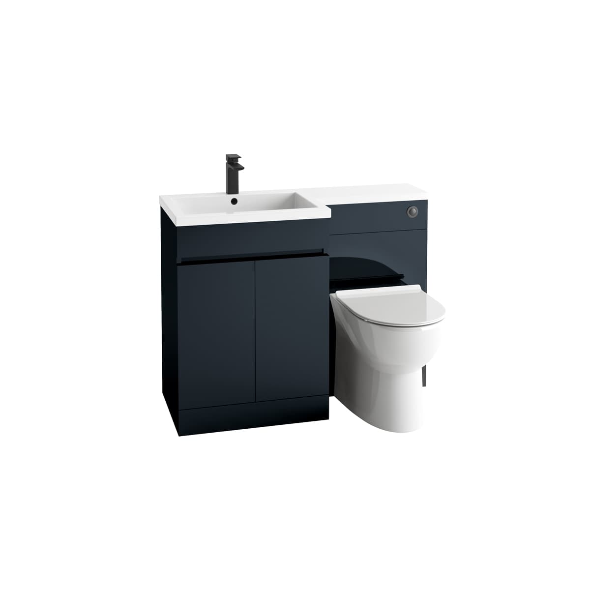 Dark combined basin and WC furniture with a white basin and floorstanding toilet