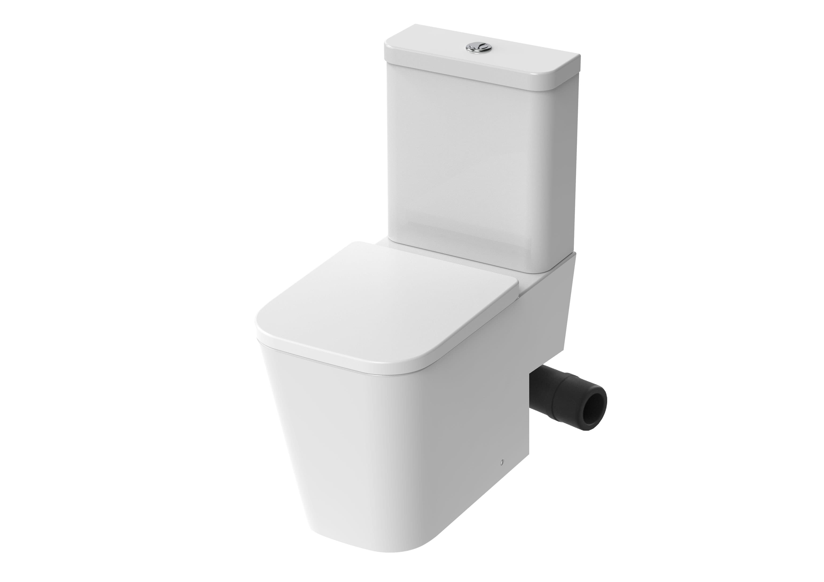 White close-coupled toilet with a black outlet connection visible at its right side