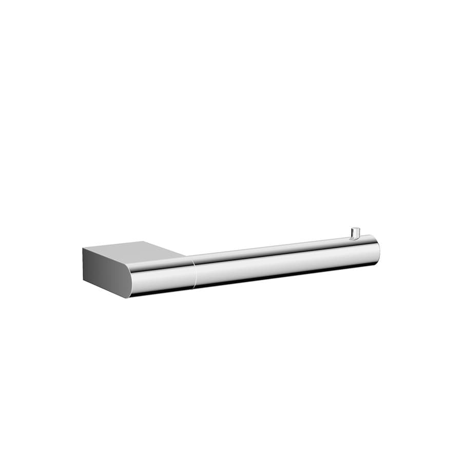 Chrome toilet roll holder with an open loading end and a small retaining pin