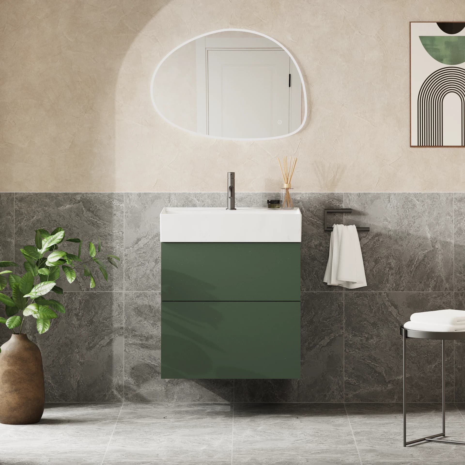 Green wall-hung two-drawer vanity with a white basin and an asymmetric mirror