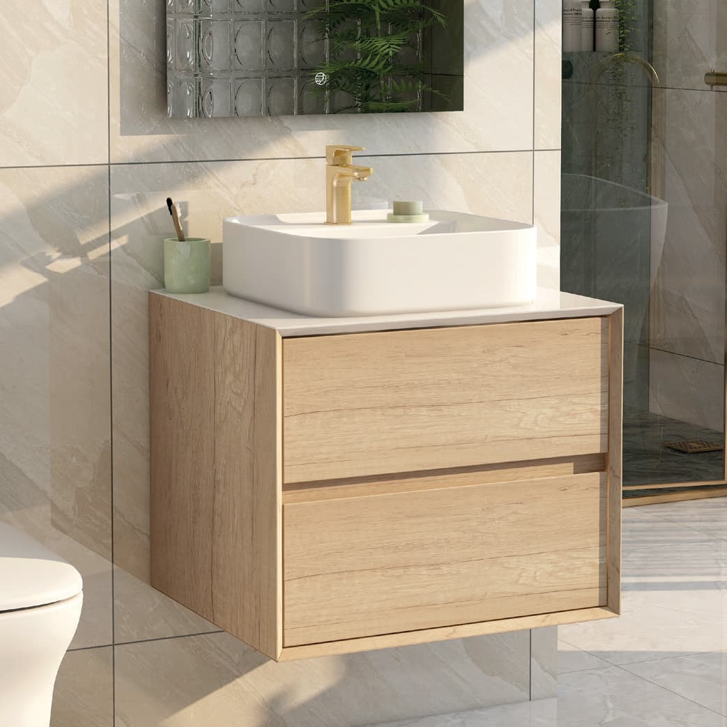 Grace 600mm Two Drawer Wall Mounted Cabinet in Natural Oak view 2